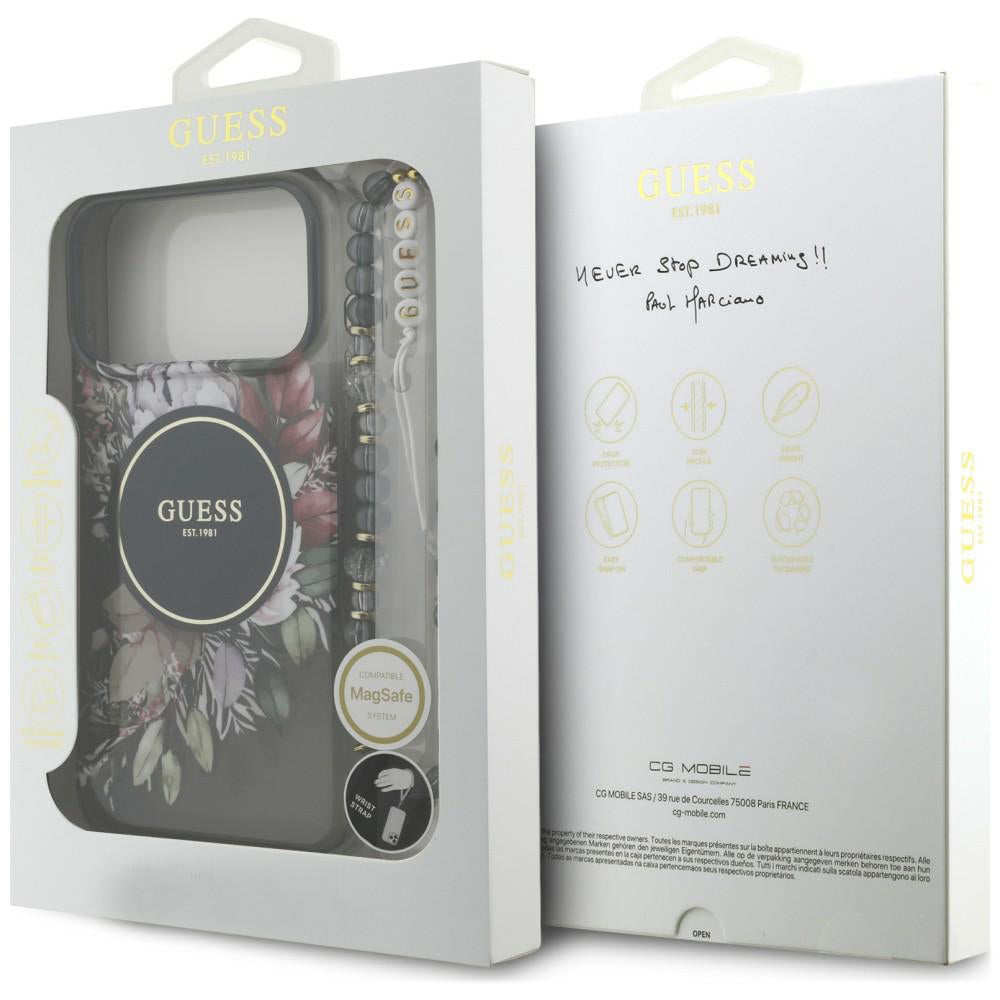 Калъф MagSafe за Apple iPhone 18 Pro Max / 17 Pro Max, Guess, IML Flowers with Pearl Strap, черен