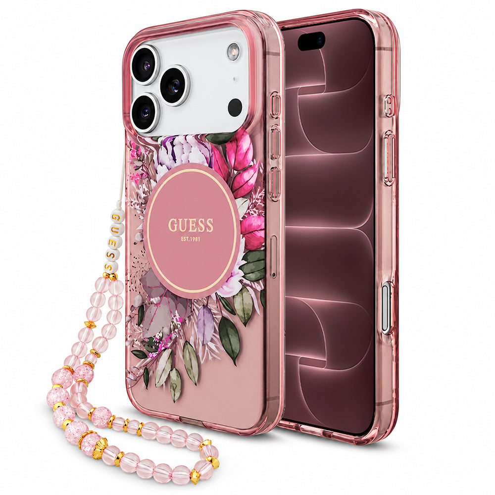 Калъф MagSafe за Apple iPhone 18 Pro Max / 17 Pro Max, Guess, IML Flowers with Pearl Strap, розов