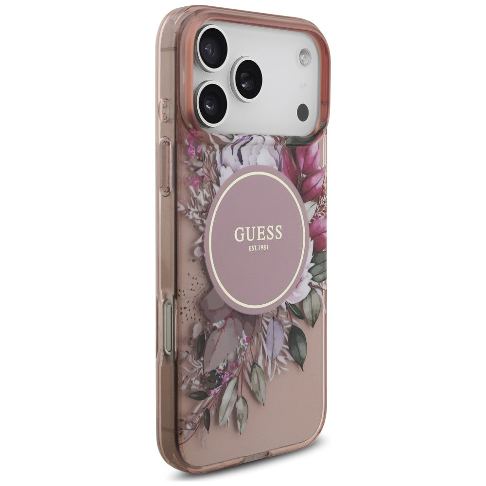 Калъф MagSafe за Apple iPhone 18 Pro Max / 17 Pro Max, Guess, IML Flowers with Pearl Strap, розов