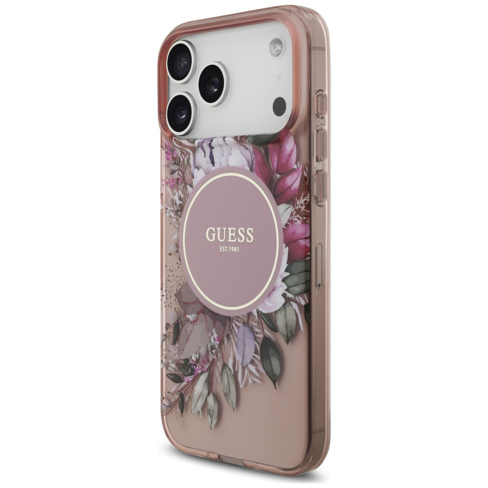 Калъф MagSafe за Apple iPhone 18 Pro Max / 17 Pro Max, Guess, IML Flowers with Pearl Strap, розов