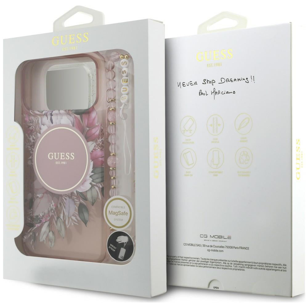 Калъф MagSafe за Apple iPhone 18 Pro Max / 17 Pro Max, Guess, IML Flowers with Pearl Strap, розов