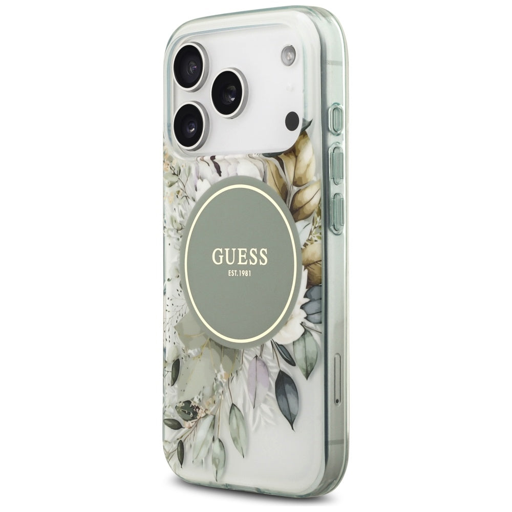 Калъф MagSafe за Apple iPhone 18 Pro Max / 17 Pro Max, Guess, IML Flowers with Pearl Strap, зелен
