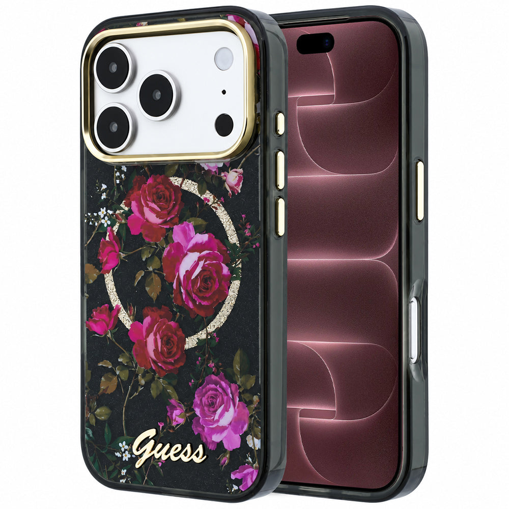 Калъф MagSafe за Apple iPhone 18 Pro Max / 17 Pro Max, Guess, IML Glitter Blossom Roses, черен