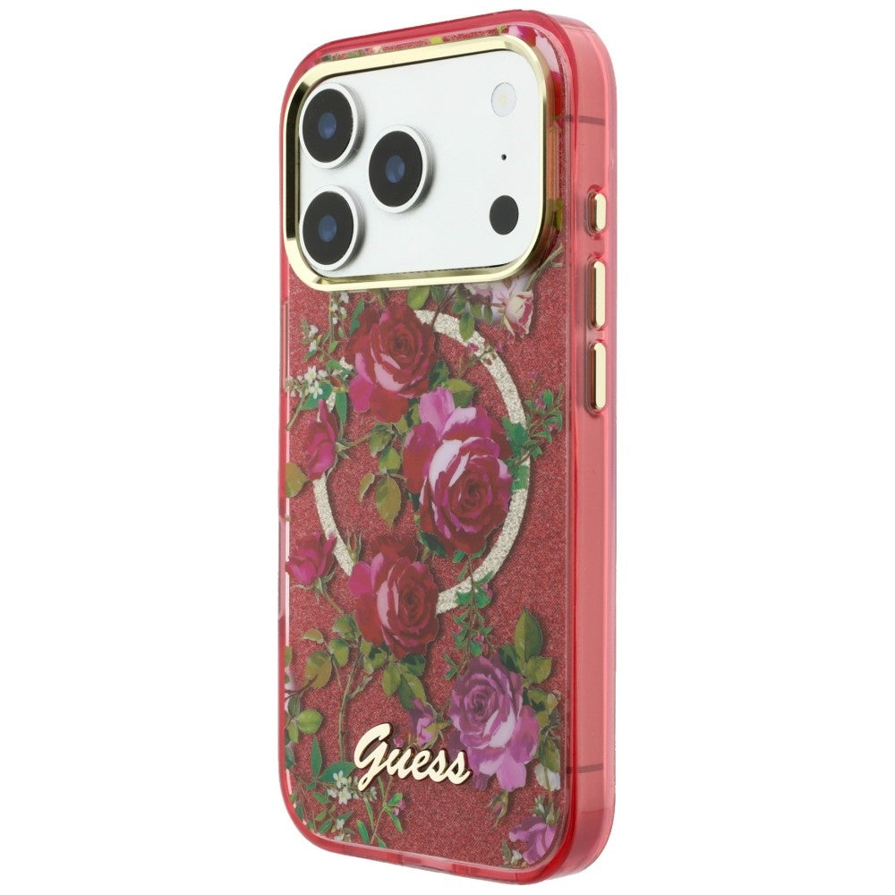 Калъф MagSafe за Apple iPhone 18 Pro Max / 17 Pro Max, Guess, IML Glitter Blossom Roses, Бордо