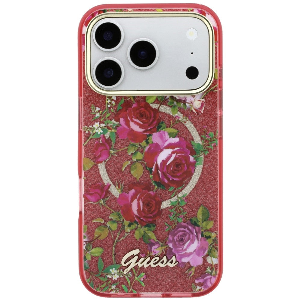Калъф MagSafe за Apple iPhone 18 Pro Max / 17 Pro Max, Guess, IML Glitter Blossom Roses, Бордо