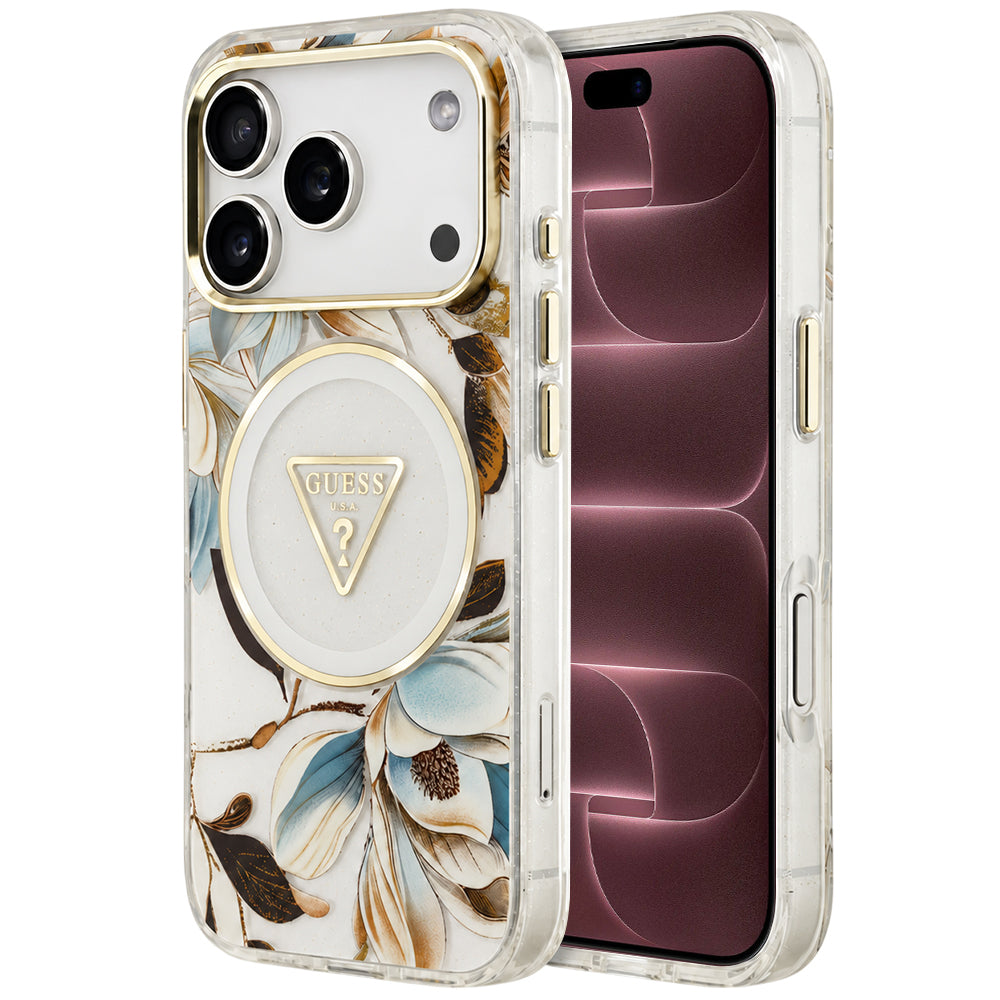 Калъф MagSafe за Apple iPhone 18 Pro Max / 17 Pro Max, Guess, IML Metal Glitter Flowers Triangle, бял