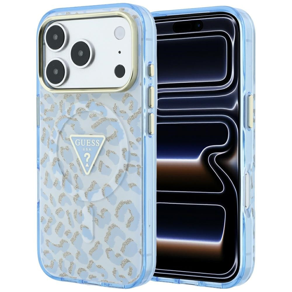 Калъф MagSafe за Apple iPhone 18 Pro Max / 17 Pro Max, Guess, Леопардов бляскав триъгълен лого, Син