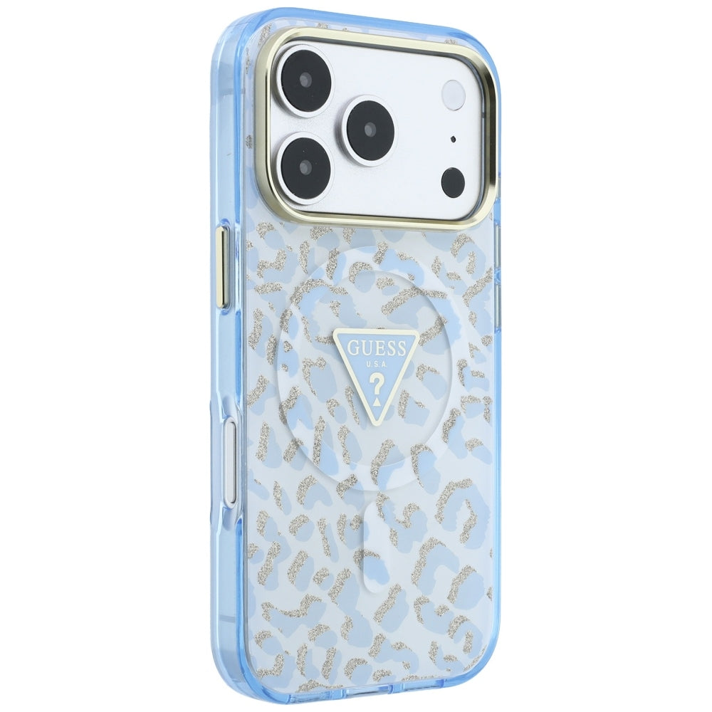 Калъф MagSafe за Apple iPhone 18 Pro Max / 17 Pro Max, Guess, Леопардов бляскав триъгълен лого, Син