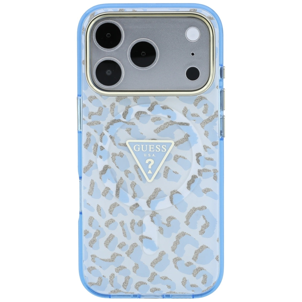 Калъф MagSafe за Apple iPhone 18 Pro Max / 17 Pro Max, Guess, Леопардов бляскав триъгълен лого, Син