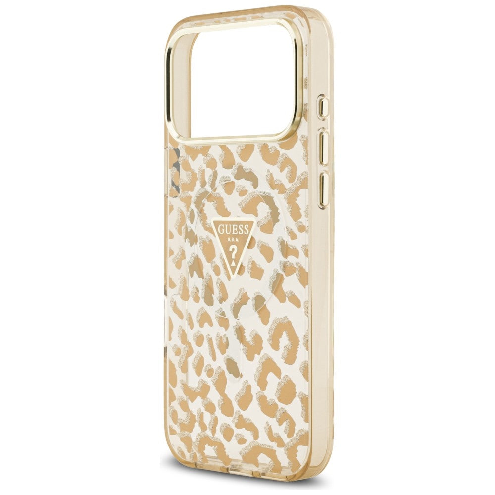 Калъф MagSafe за Apple iPhone 18 Pro Max / 17 Pro Max, Guess, Leopard Glitter Triangle Logo, Кафяв