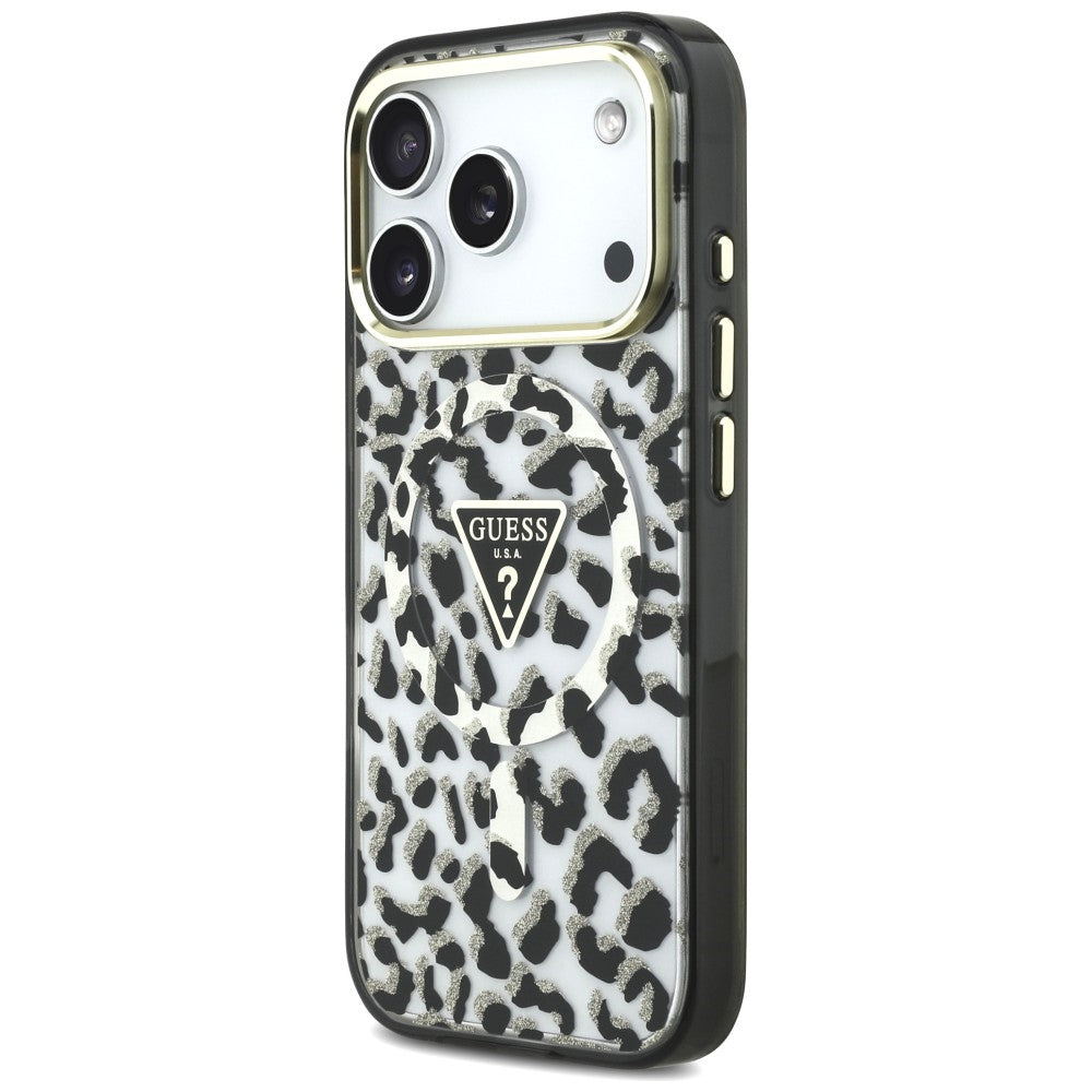 Калъф MagSafe за Apple iPhone 18 Pro Max / 17 Pro Max, Guess, Leopard Glitter Triangle Logo, Черен