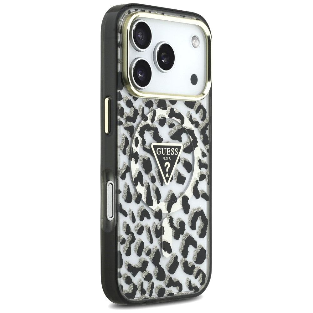 Калъф MagSafe за Apple iPhone 18 Pro Max / 17 Pro Max, Guess, Leopard Glitter Triangle Logo, Черен