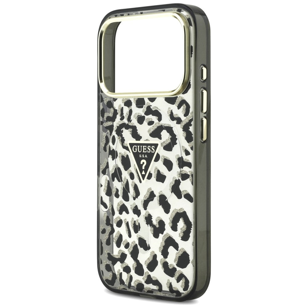 Калъф MagSafe за Apple iPhone 18 Pro Max / 17 Pro Max, Guess, Leopard Glitter Triangle Logo, Черен