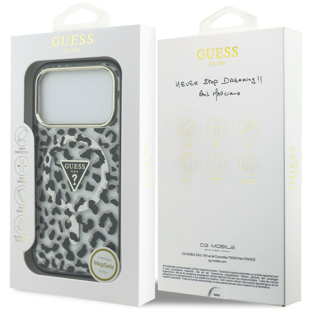 Калъф MagSafe за Apple iPhone 18 Pro Max / 17 Pro Max, Guess, Leopard Glitter Triangle Logo, Черен
