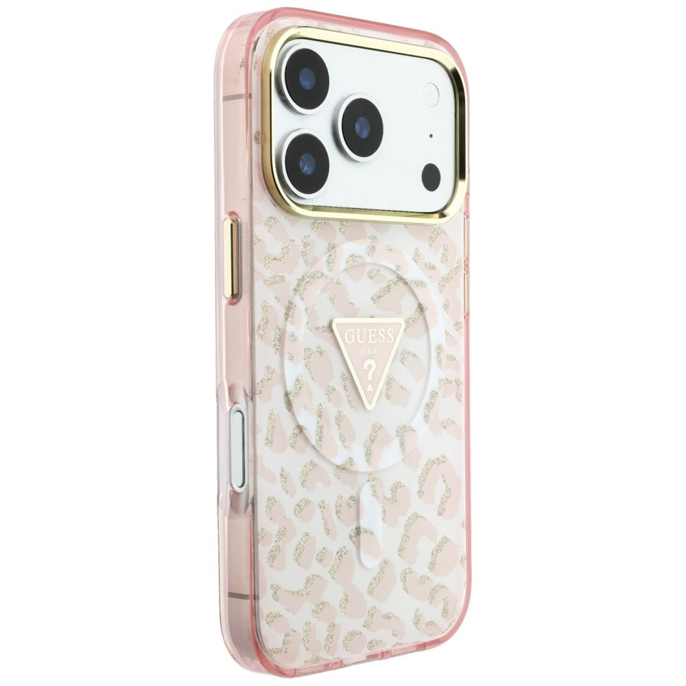 Калъф MagSafe за Apple iPhone 18 Pro Max / 17 Pro Max, Guess, Леопардов брокатен триъгълен лого, Розов