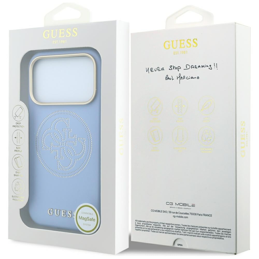 Калъф MagSafe за Apple iPhone 18 Pro Max / 17 Pro Max, Guess, Перфорирана 4G, Син