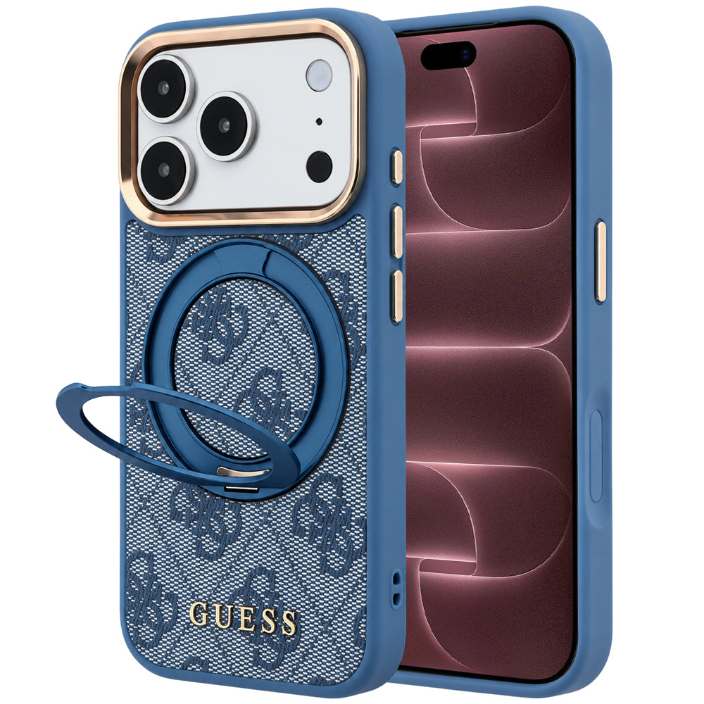 MagSafe Case for Apple iPhone 18 Pro Max / 17 Pro Max, Guess, Ring Stand 360 4G Classic Logo, Blue
