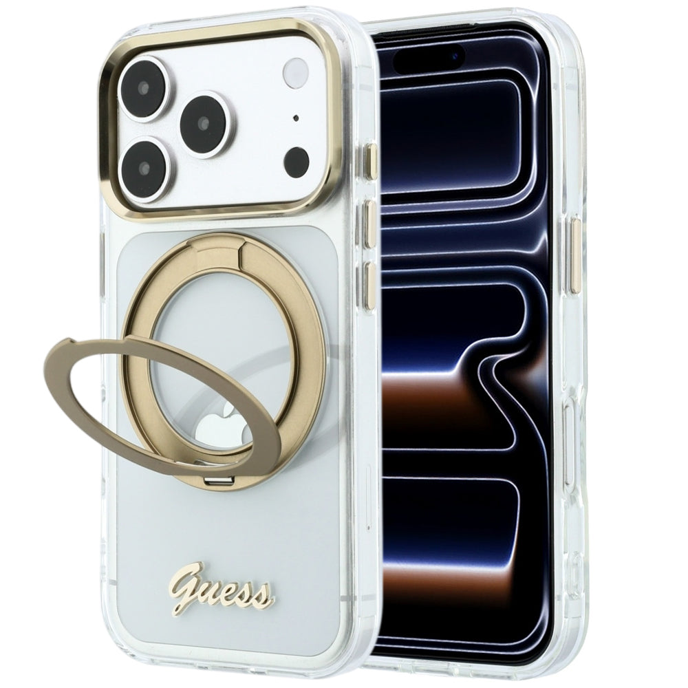 Калъф MagSafe за Apple iPhone 18 Pro Max / 17 Pro Max, Guess, Ring Stand Script Metal Logo, Прозрачен