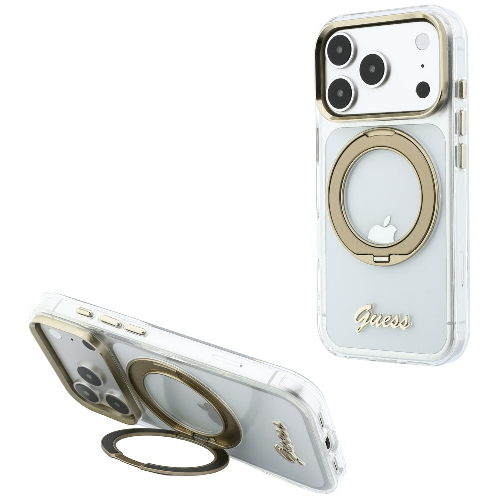 Калъф MagSafe за Apple iPhone 18 Pro Max / 17 Pro Max, Guess, Ring Stand Script Metal Logo, Прозрачен