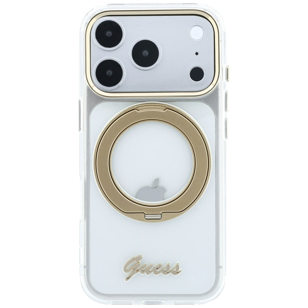 Калъф MagSafe за Apple iPhone 18 Pro Max / 17 Pro Max, Guess, Ring Stand Script Metal Logo, Прозрачен