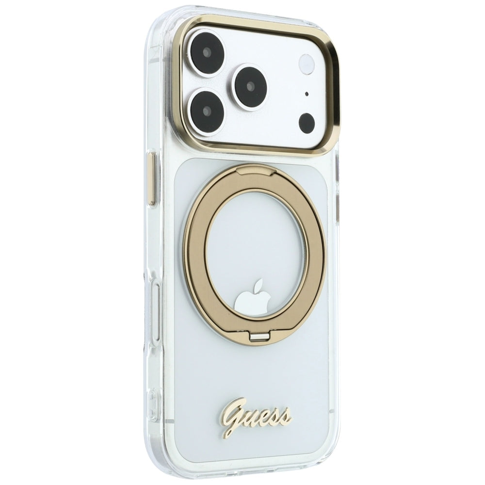 Калъф MagSafe за Apple iPhone 18 Pro Max / 17 Pro Max, Guess, Ring Stand Script Metal Logo, Прозрачен