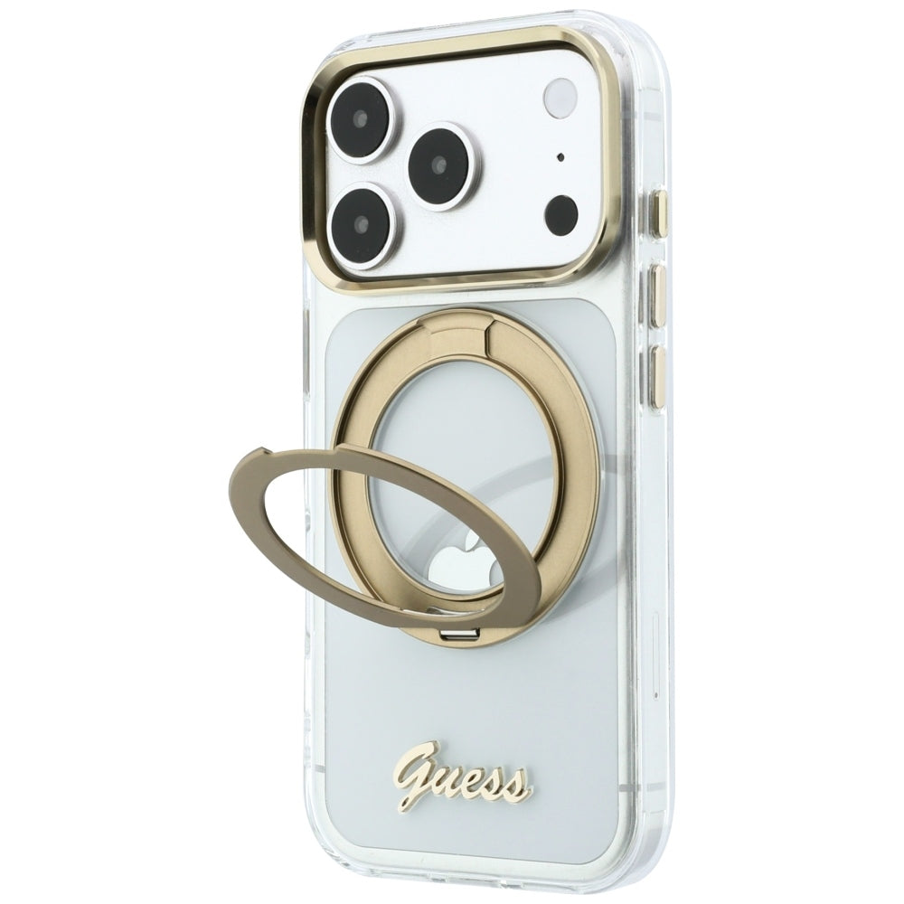 Калъф MagSafe за Apple iPhone 18 Pro Max / 17 Pro Max, Guess, Ring Stand Script Metal Logo, Прозрачен