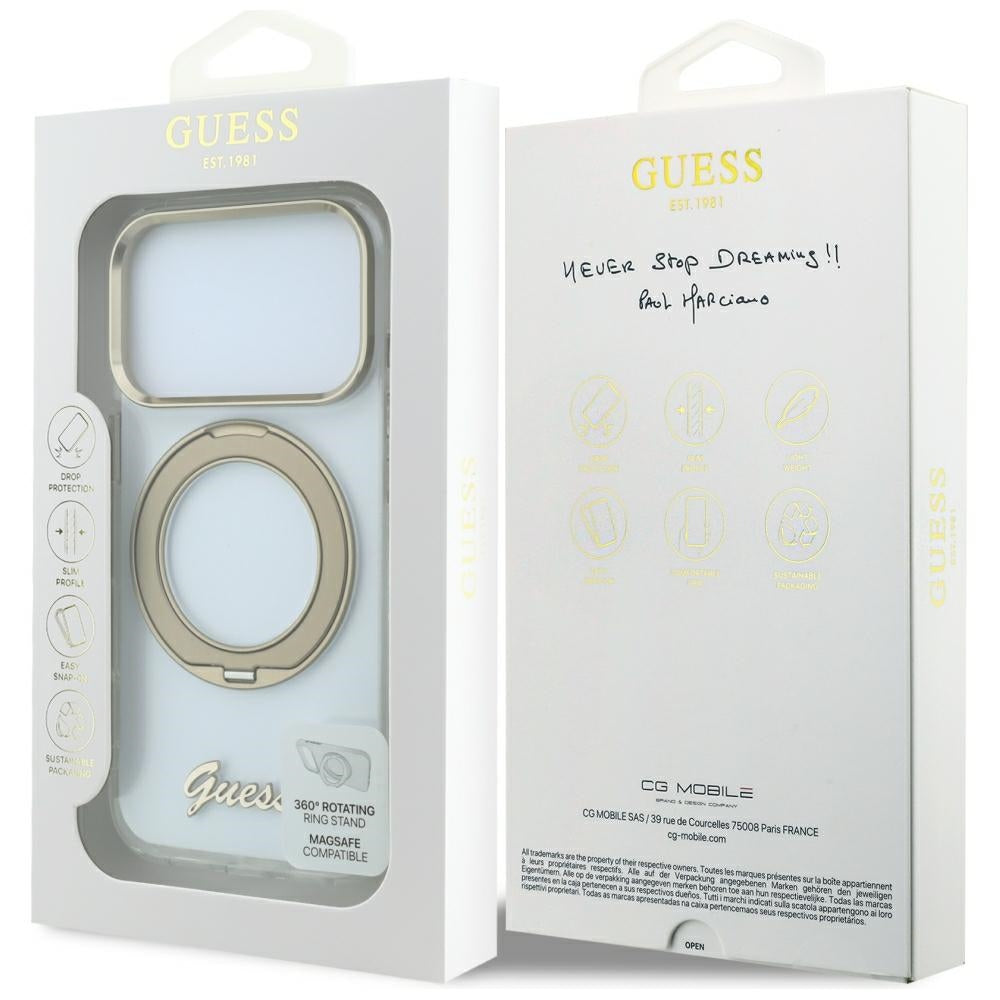 Калъф MagSafe за Apple iPhone 18 Pro Max / 17 Pro Max, Guess, Ring Stand Script Metal Logo, Прозрачен