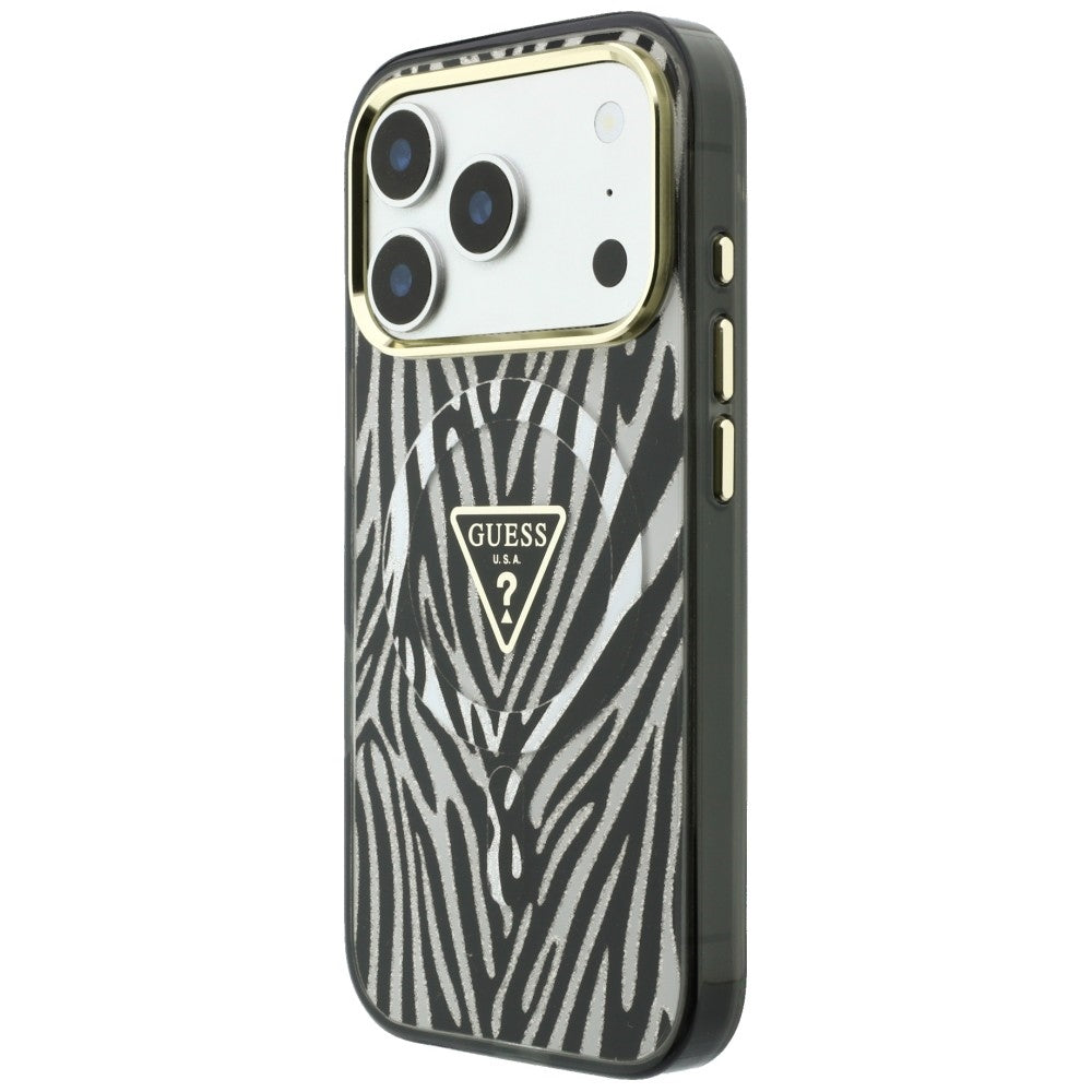 Калъф MagSafe за Apple iPhone 18 Pro Max / 17 Pro Max, Guess, Zebra Glitter Triangle Logo, Сребрист