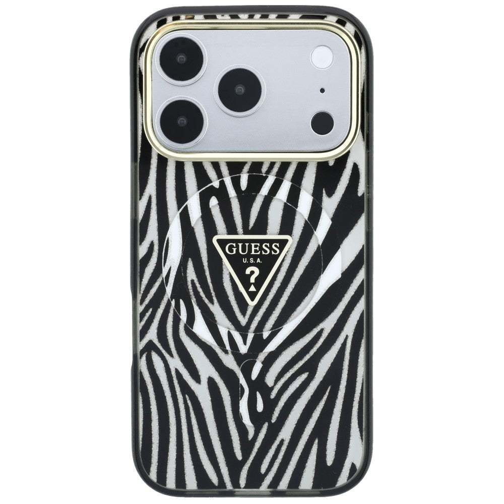 Калъф MagSafe за Apple iPhone 18 Pro Max / 17 Pro Max, Guess, Zebra Glitter Triangle Logo, Сребрист