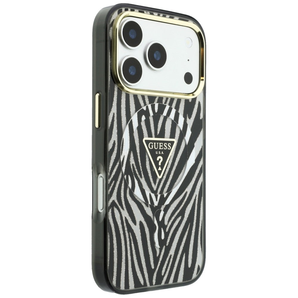 Калъф MagSafe за Apple iPhone 18 Pro Max / 17 Pro Max, Guess, Zebra Glitter Triangle Logo, Сребрист