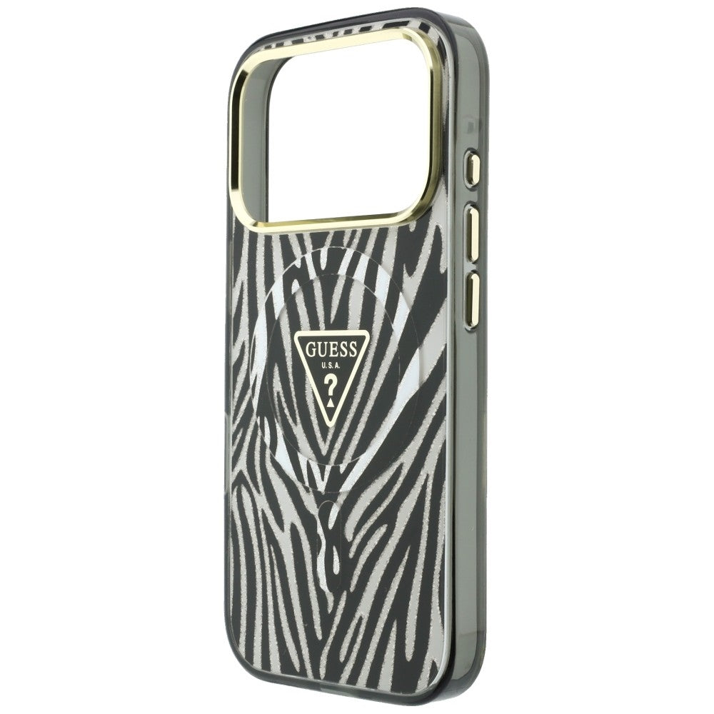 Калъф MagSafe за Apple iPhone 18 Pro Max / 17 Pro Max, Guess, Zebra Glitter Triangle Logo, Сребрист