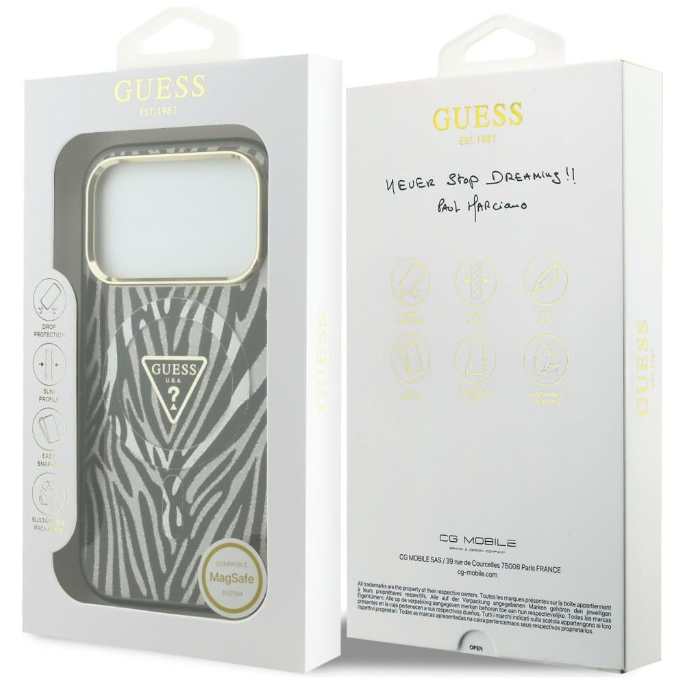 Калъф MagSafe за Apple iPhone 18 Pro Max / 17 Pro Max, Guess, Zebra Glitter Triangle Logo, Сребрист