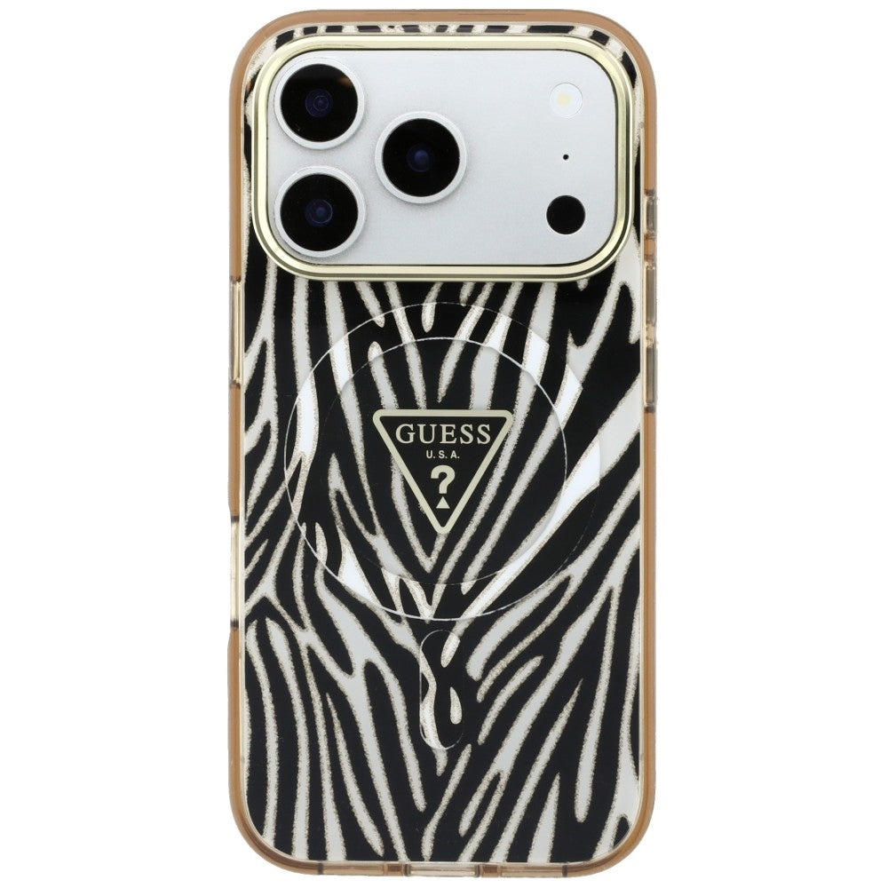 Калъф MagSafe за Apple iPhone 18 Pro Max / 17 Pro Max, Guess, Zebra Glitter Triangle Logo, Златист