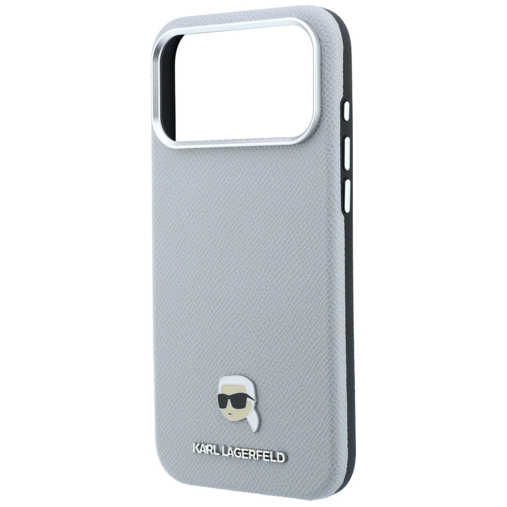 Калъф MagSafe за Apple iPhone 18 Pro Max / 17 Pro Max, Karl Lagerfeld, Зърнест метал с глава на Karl, Сив