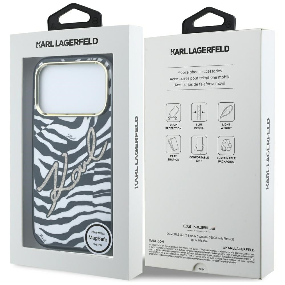 Калъф MagSafe за Apple iPhone 18 Pro Max / 17 Pro Max, Karl Lagerfeld, HC IML Signature Zebra Glitter Gold, Черен
