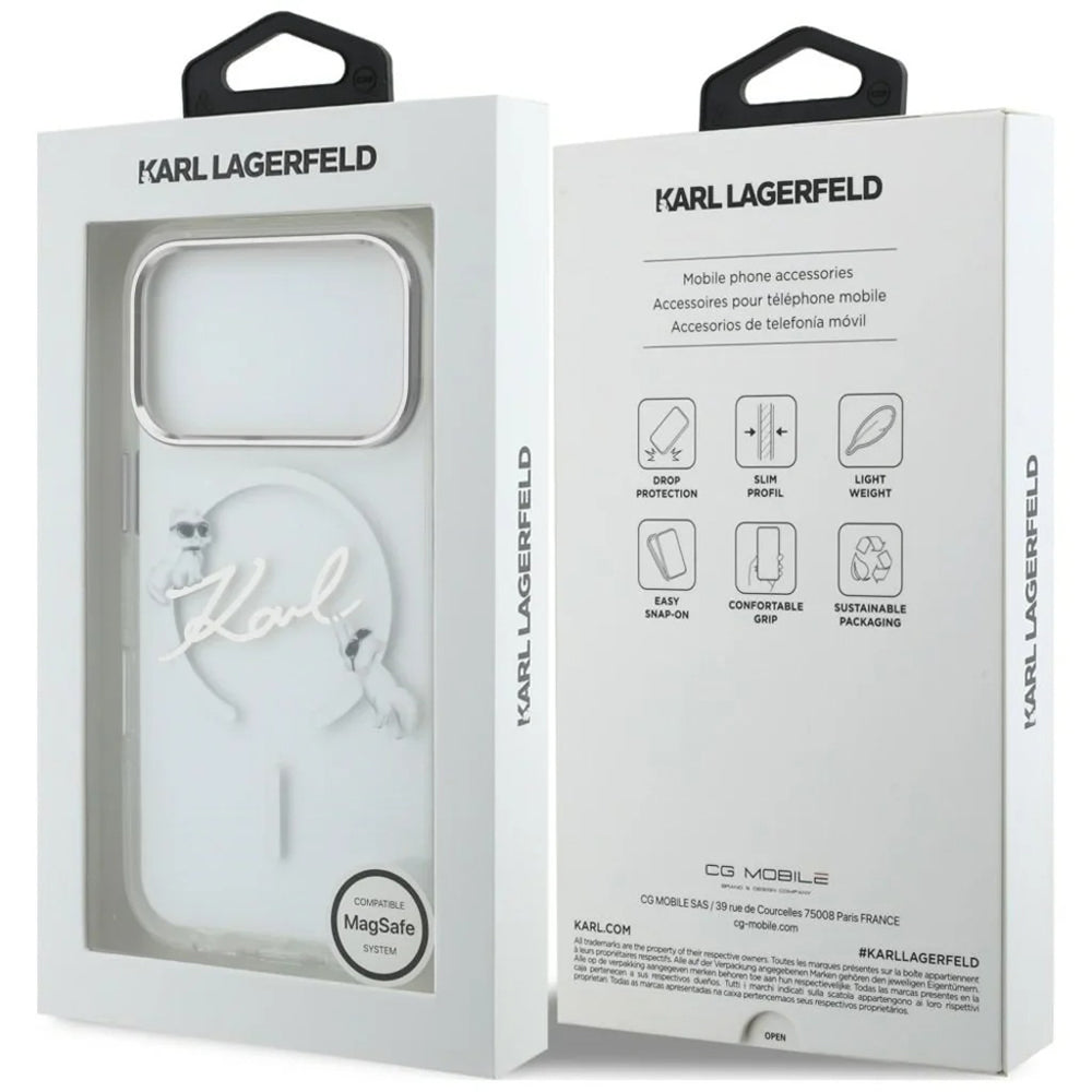 Калъф MagSafe за Apple iPhone 18 Pro Max / 17 Pro Max, Karl Lagerfeld, IML Choupette Karl Script Logo, Прозрачен