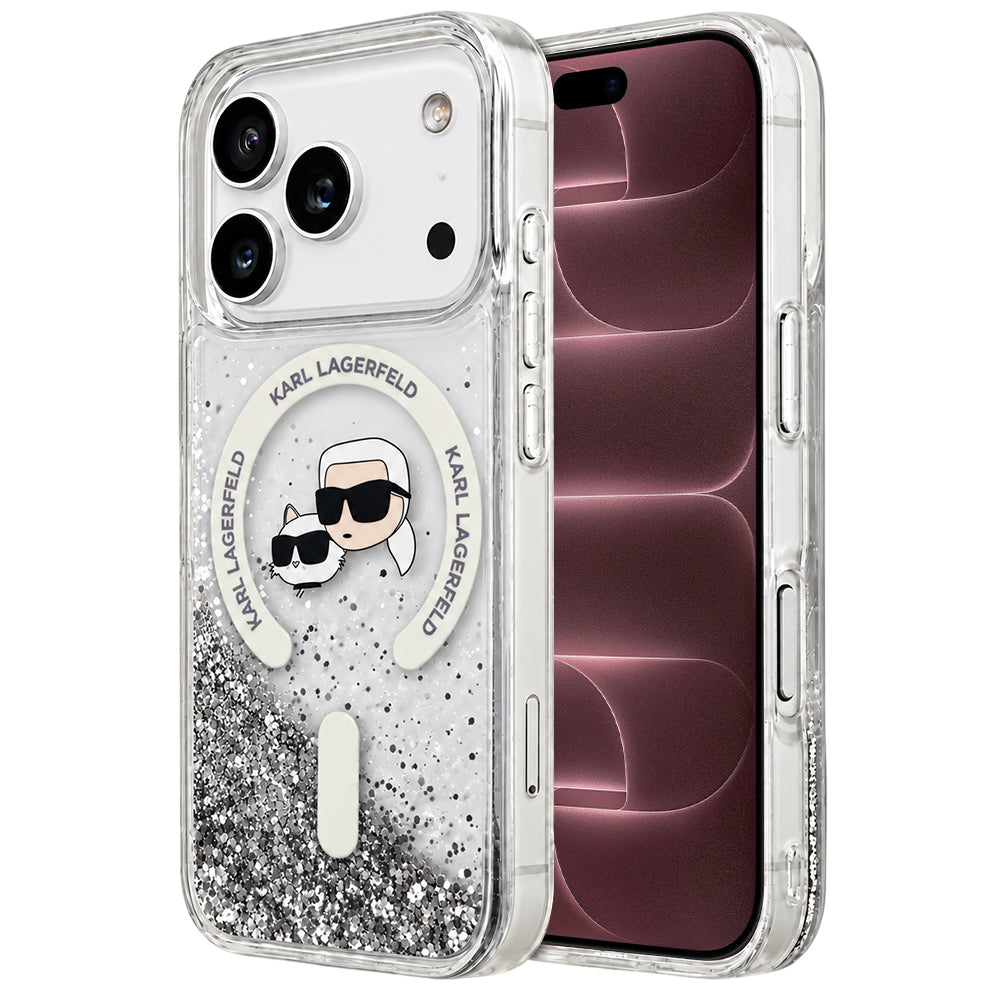 Калъф MagSafe за Apple iPhone 18 Pro Max / 17 Pro Max, Karl Lagerfeld, Liquid Glitter Karl & Choupette Head's, Прозрачен