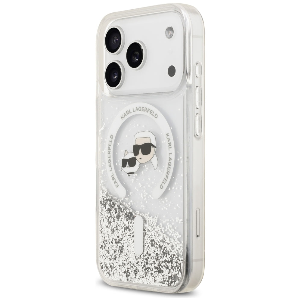 Калъф MagSafe за Apple iPhone 18 Pro Max / 17 Pro Max, Karl Lagerfeld, Liquid Glitter Karl & Choupette Head's, Прозрачен