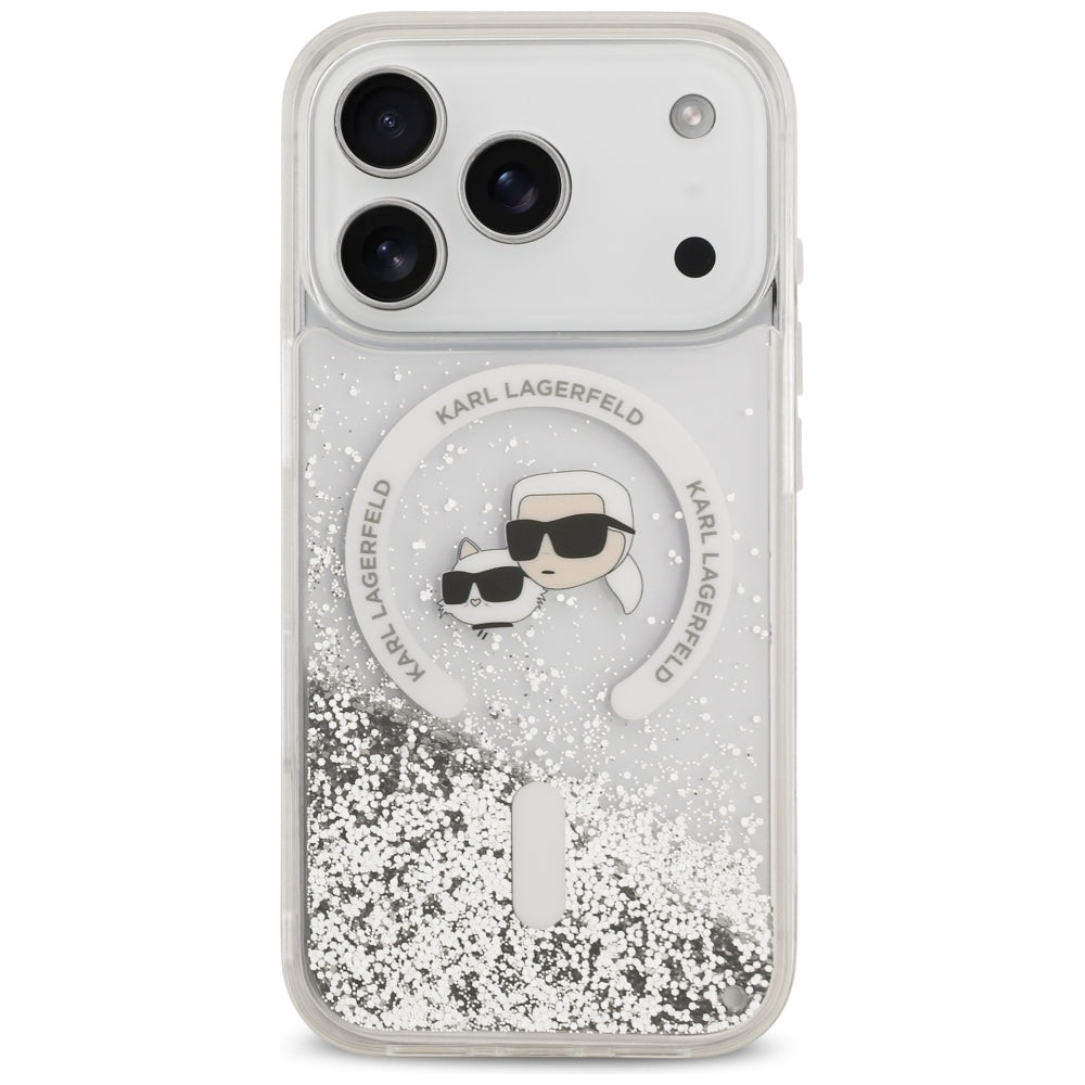 Калъф MagSafe за Apple iPhone 18 Pro Max / 17 Pro Max, Karl Lagerfeld, Liquid Glitter Karl & Choupette Head's, Прозрачен