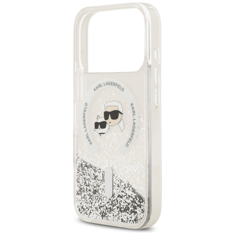 Калъф MagSafe за Apple iPhone 18 Pro Max / 17 Pro Max, Karl Lagerfeld, Liquid Glitter Karl & Choupette Head's, Прозрачен