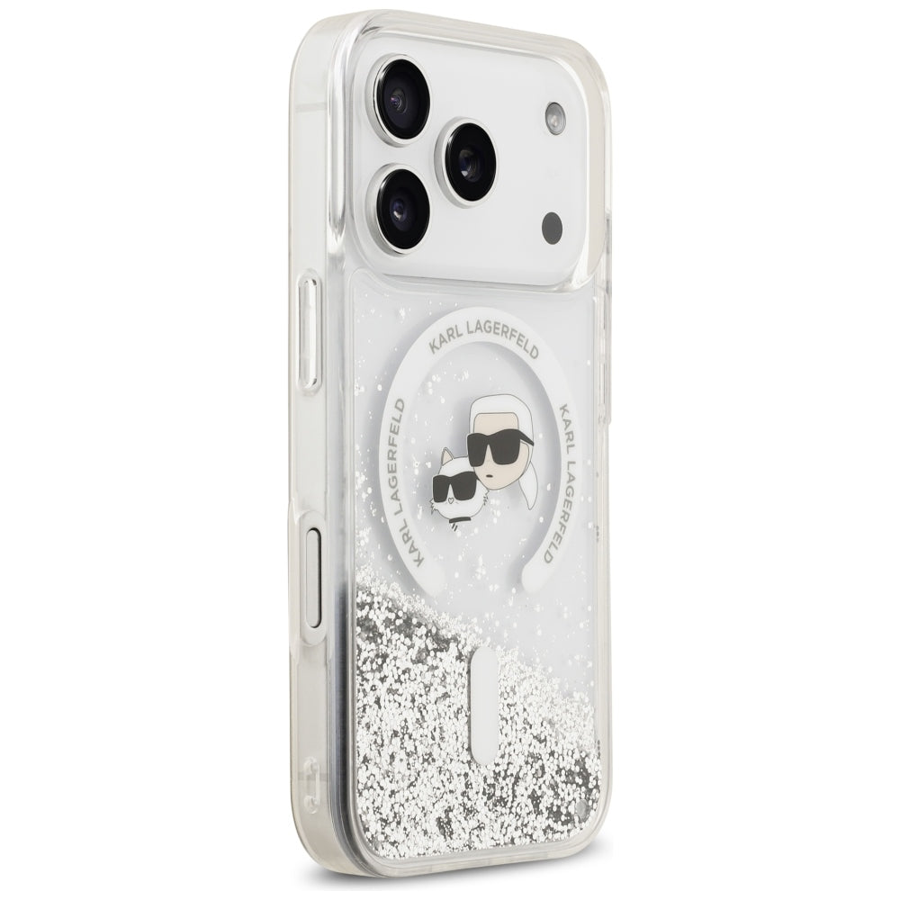 Калъф MagSafe за Apple iPhone 18 Pro Max / 17 Pro Max, Karl Lagerfeld, Liquid Glitter Karl & Choupette Head's, Прозрачен