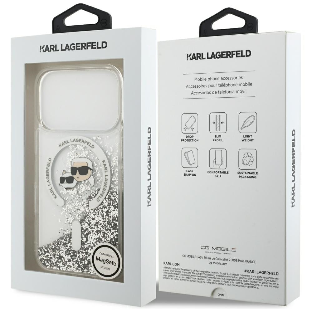 Калъф MagSafe за Apple iPhone 18 Pro Max / 17 Pro Max, Karl Lagerfeld, Liquid Glitter Karl & Choupette Head's, Прозрачен
