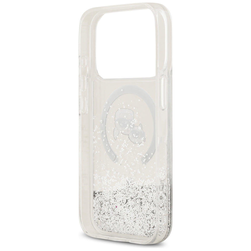 Калъф MagSafe за Apple iPhone 18 Pro Max / 17 Pro Max, Karl Lagerfeld, Liquid Glitter Karl & Choupette Head's, Прозрачен