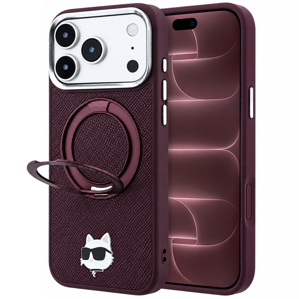 Калъф MagSafe за Apple iPhone 18 Pro Max / 17 Pro Max, Karl Lagerfeld, Saffiano Ring Stand 360 Choupette Pin, Бордо