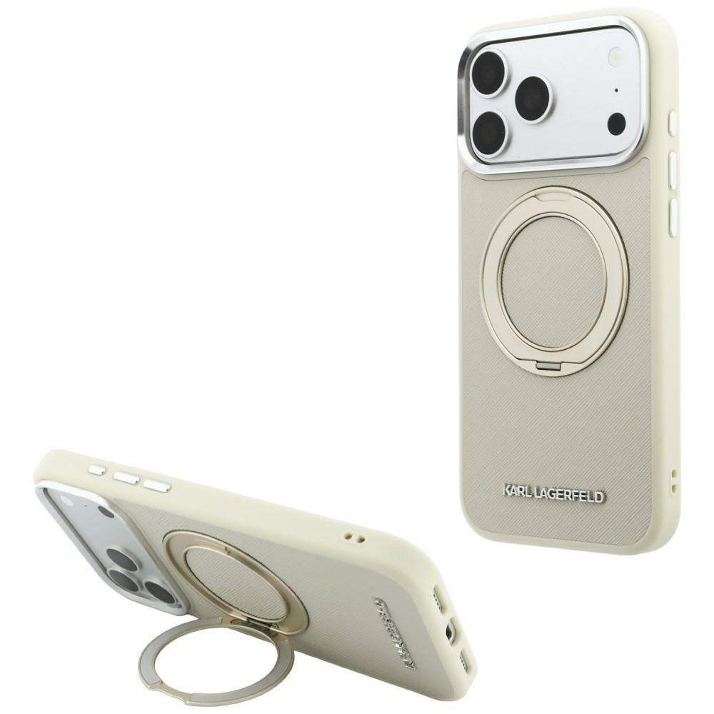 Калъф MagSafe за Apple iPhone 18 Pro Max / 17 Pro Max, Karl Lagerfeld, Ring Stand 360 Saffiano, бежов