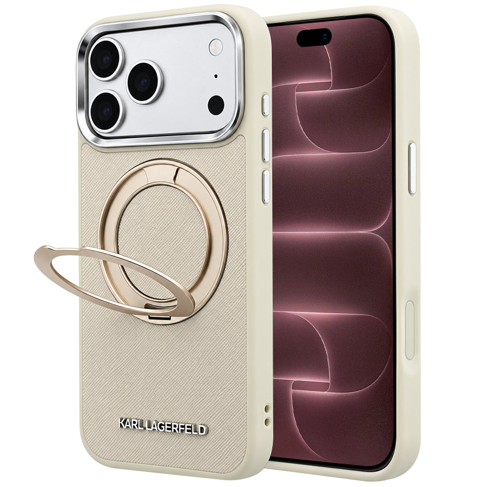 Калъф MagSafe за Apple iPhone 18 Pro Max / 17 Pro Max, Karl Lagerfeld, Ring Stand 360 Saffiano, бежов