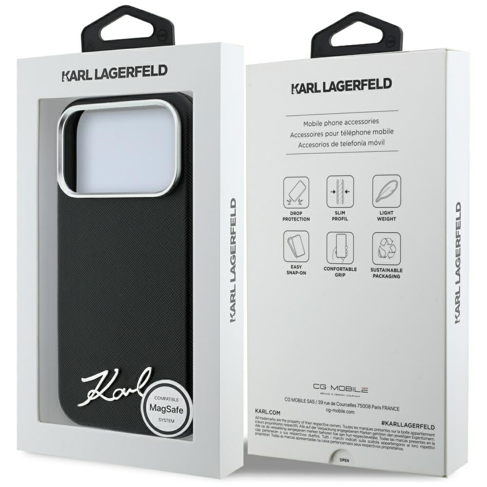 Калъф MagSafe за Apple iPhone 18 Pro Max / 17 Pro Max, Karl Lagerfeld, Saffiano Small Script Metal Logo, Черен