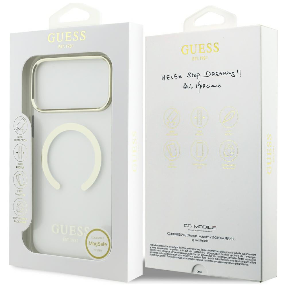 Калъф MagSafe за Apple iPhone 18 Pro Max, Guess, Metal Outline, Златист
