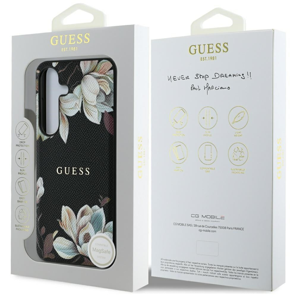 Калъф MagSafe за Samsung Galaxy S25 S931, Guess, Grained Flowers, Черен