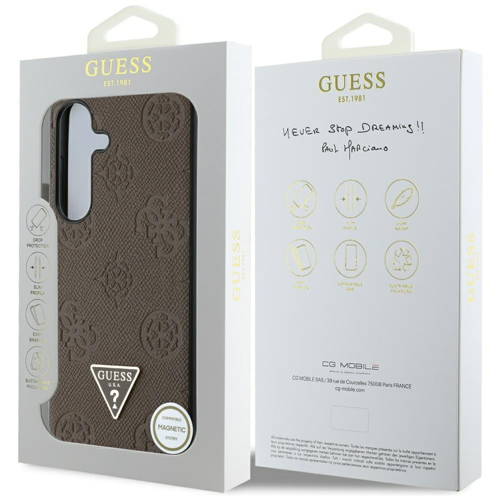Калъф MagSafe за Samsung Galaxy S25 S931, Guess, Peony Grained Hot Stamp Triangle, Кафяв